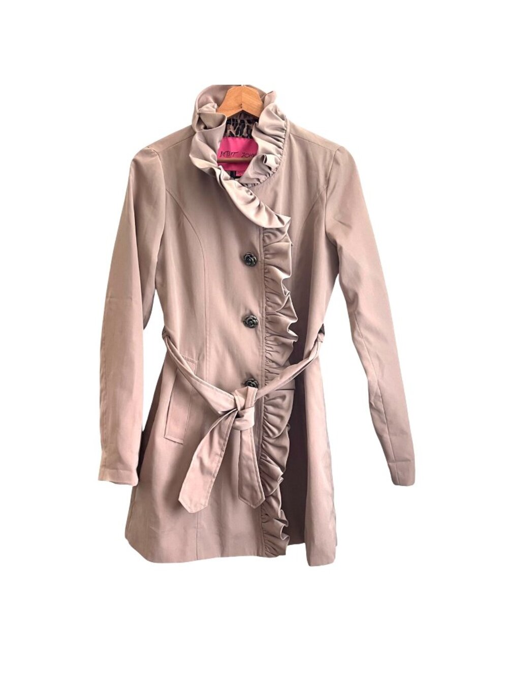 Betsey Johnson Women Romantic Coquette Ruffle Trench Coat Size S Rose Buttons